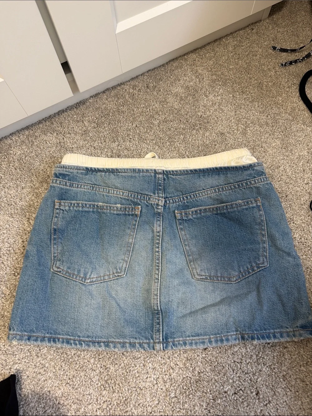 Zara Denim Drawstring Mini Skirt in Blue and Cream